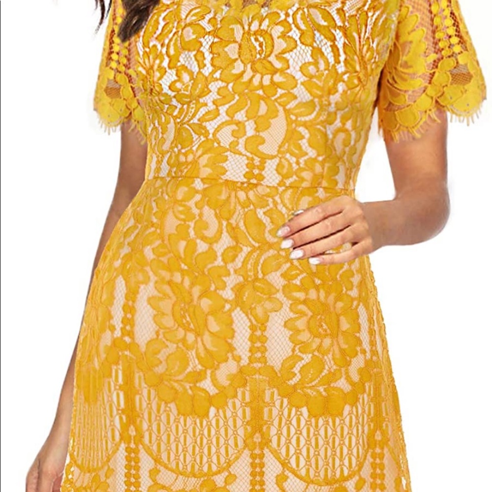 Lace yellow knee length dress